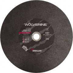 Weiler - 12" 46 Grit Aluminum Oxide Cutoff Wheel - 3/32" Thick, 1" Arbor, 5,100 Max RPM, Use with Chop Saws - Benchmark Tooling
