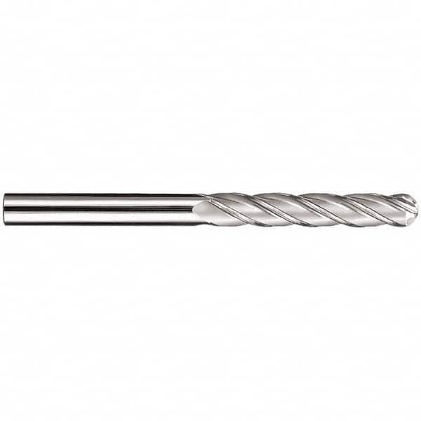 SGS - 5/16" Diam, 1-5/8" LOC, 4 Flute Solid Carbide Ball End Mill - TiN Finish, Single End, 4" OAL, 5/16" Shank Diam, Spiral Flute - Benchmark Tooling