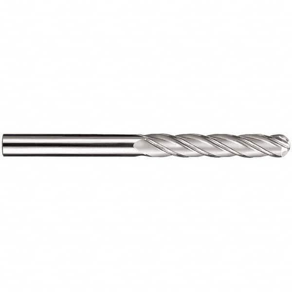 SGS - 3/8" Diam, 1-3/4" LOC, 4 Flute Solid Carbide Ball End Mill - TiN Finish, Single End, 4" OAL, 3/8" Shank Diam, Spiral Flute - Benchmark Tooling