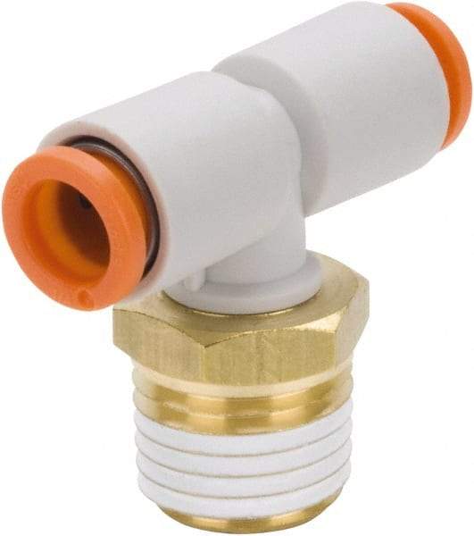 SMC PNEUMATICS - 3/8" Outside Diam, 3/8 NPT, Brass/Polybutylene Push-to-Connect Tube Male Branch Tee - 145 Max psi - Benchmark Tooling