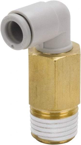 SMC PNEUMATICS - 12mm Outside Diam, 1/4 BSPT, Brass/Polybutylene Push-to-Connect Tube Extended Male Elbow - 145 Max psi - Benchmark Tooling