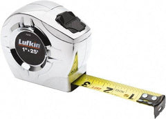 Lufkin - 25' x 1" Yellow Blade Tape Measure - 1/16" Graduation, Inch Graduation Style, Chrome Case - Benchmark Tooling