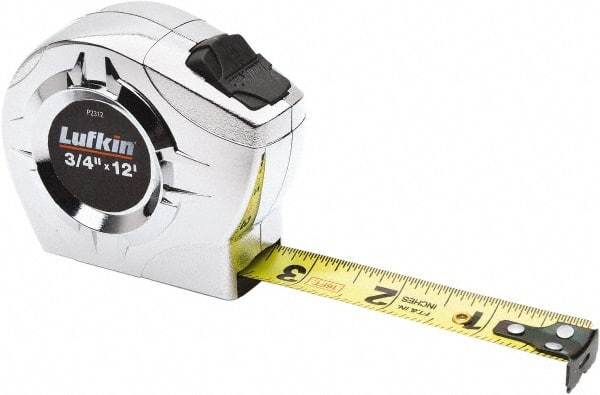 Lufkin - 12' x 3/4" Yellow Blade Tape Measure - 1/16 & 1/32" Graduation, Inch Graduation Style, Chrome Case - Benchmark Tooling