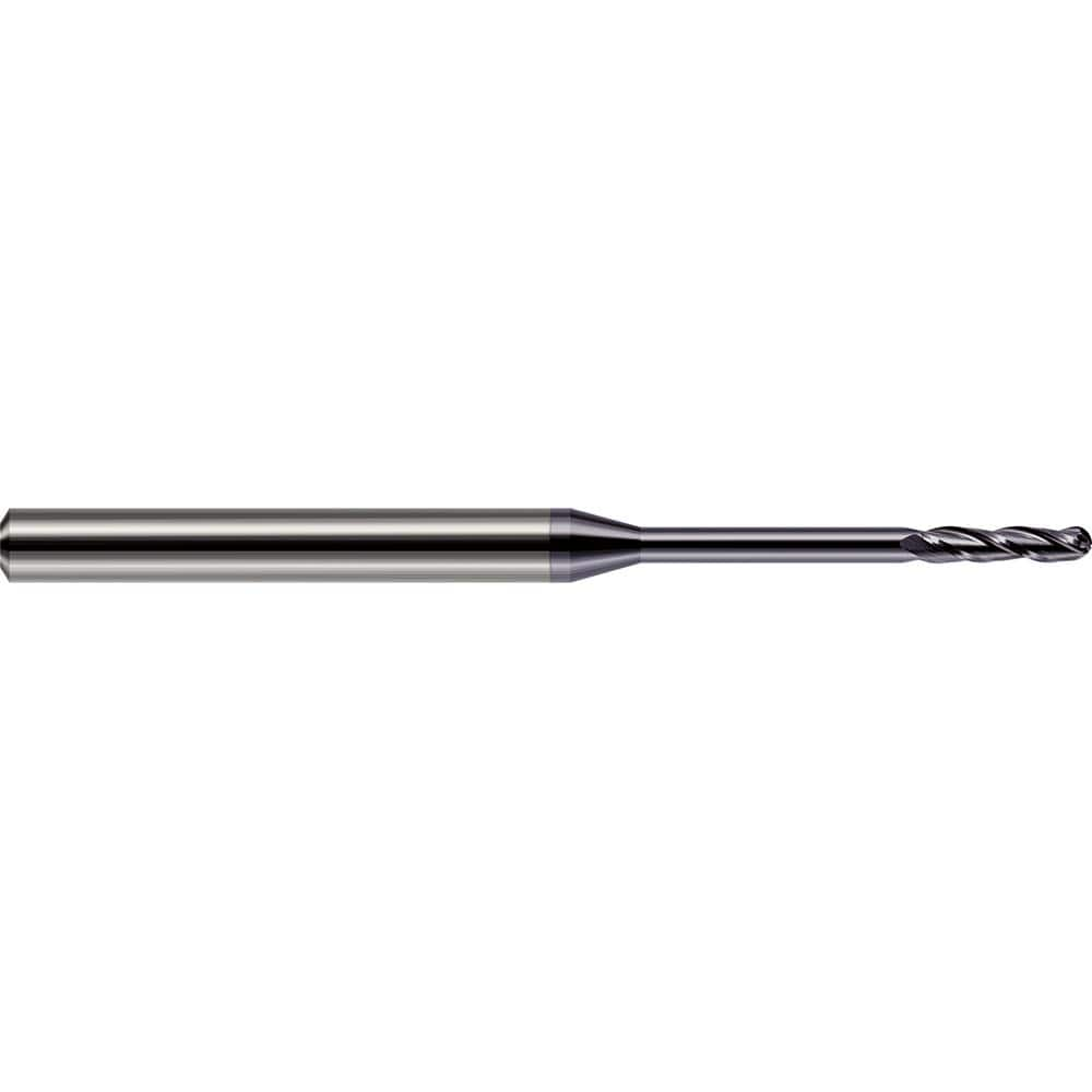 Ball End Mill: 0.05″ Dia, 0.3″ LOC, 3 Flute, Solid Carbide 2-1/2″ OAL, 1/8″ Shank Dia, 30 ° Helix, AlTiN Coated, Single End