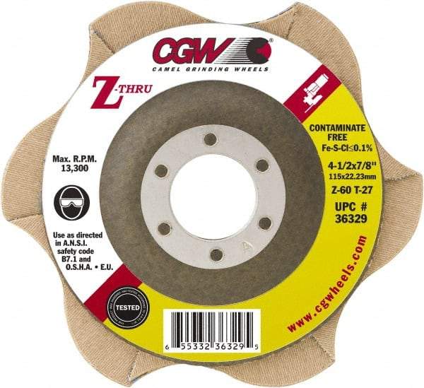 Camel Grinding Wheels - 60 Grit, 5" Disc Diam, 7/8" Center Hole, Type 27 Zirconia Alumina Flap Disc - 12,200 Max RPM, Poly Cotton Backing, Arbor Attaching System, Coated - Benchmark Tooling