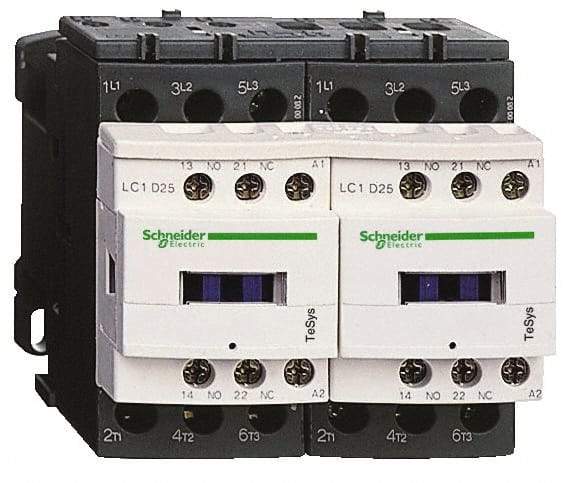 Schneider Electric - 3 Pole, 24 Coil VAC at 50/60 Hz, 12 Amp at 440 VAC, Reversible IEC Contactor - 1 Phase hp: 1 at 115 VAC, 2 at 230/240 VAC, 3 Phase hp: 10 at 575/600 VAC, 3 at 200/208 VAC, 3 at 230/240 VAC, 7.5 at 460/480 VAC - Benchmark Tooling