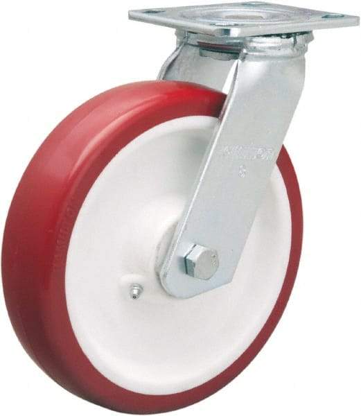 Hamilton - 8" Diam x 2" Wide x 9-1/2" OAH Top Plate Mount Swivel Caster - Polyurethane Mold on Polypropylene, 900 Lb Capacity, Straight Roller Bearing, 4 x 4-1/2" Plate - Benchmark Tooling