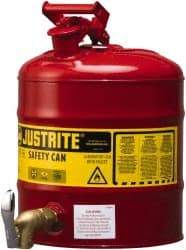 Justrite - 5 Gal Galvanized Steel Self-Closing, Self-Venting, Full-Length Flame Arrester with Bottom Faucet - 16-7/8" High x 11-3/4" Diam, Red with Yellow - Benchmark Tooling