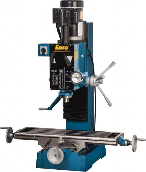 Enco - 1 Phase, Mill Drill Combination - 37-1/2" Table Length x 28" Table Width, 22" Longitudinal Travel, 8" Cross Travel, 6 Spindle Speeds, 2 hp, 220 Volts - Benchmark Tooling