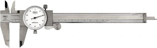 Mahr - 0mm to 150mm Range, 0.01 mm Graduation, 1mm per Revolution, Dial Caliper - White Face, 40mm Jaw Length - Benchmark Tooling