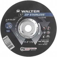 WALTER Surface Technologies - 46 Grit, 7" Wheel Diam, 1/16" Wheel Thickness, 7/8" Arbor Hole, Type 27 Depressed Center Wheel - Aluminum Oxide/Silicon Carbide Blend, Resinoid Bond, 8,600 Max RPM - Benchmark Tooling