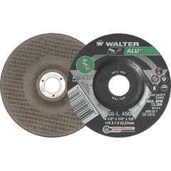 WALTER Surface Technologies - 24 Grit, 4-1/2" Wheel Diam, 1/4" Wheel Thickness, 7/8" Arbor Hole, Type 27 Depressed Center Wheel - Aluminum Oxide, 13,300 Max RPM - Benchmark Tooling
