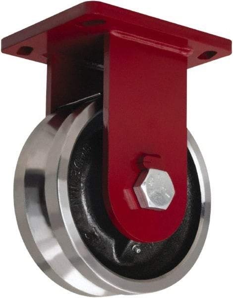 Hamilton - 8" Diam x 3" Wide, Iron Rigid Caster - 5,000 Lb Capacity, Top Plate Mount, 6-1/2" x 7-1/2" Plate, Straight Roller Bearing - Benchmark Tooling