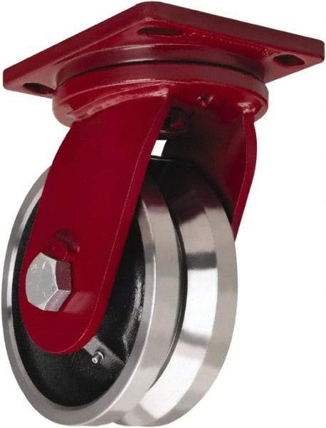 Hamilton - 8" Diam x 4" Wide, Iron Swivel Caster - 6,500 Lb Capacity, Top Plate Mount, 6-1/2" x 7-1/2" Plate, Tapered Roller Bearing - Benchmark Tooling