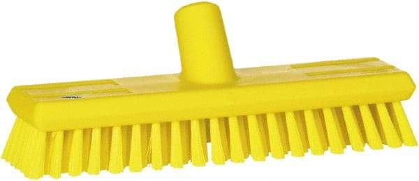 Vikan - 1.3" Bristle Length, Polyester Scrub Brush - 10-3/4" Long x 2-1/2" Wide Head, 11" OAL, European Threaded Handle, Yellow, Polypropylene Block - Benchmark Tooling