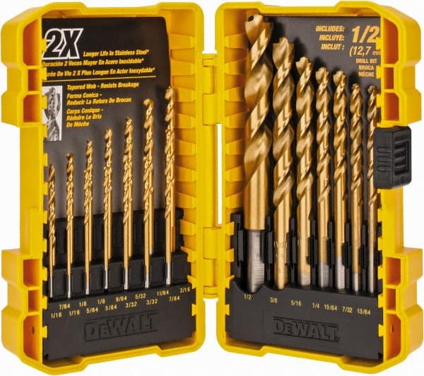 DeWALT - 1/16 to 1/2", 135° Point, Titanium Finish, High Speed Steel Jobber Length Drill Bit Set - Benchmark Tooling