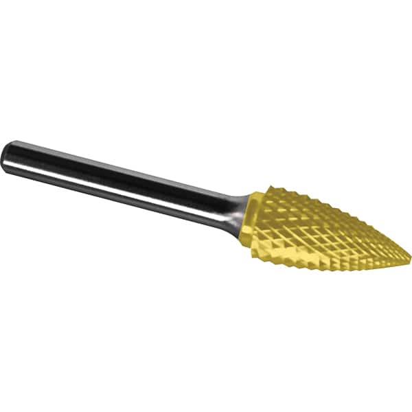 Made in USA - 5/8" Cut Diam, 1/4" Shank Diam, Tree Head Diamond Cut Burr - Carbide, 1" LOC, 2-3/4" OAL - Benchmark Tooling