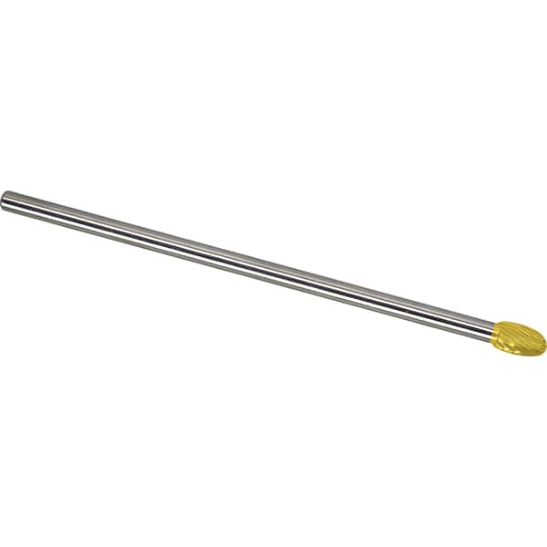 Made in USA - 3/8" Cut Diam, 1/4" Shank Diam, Oval Head Single Cut Burr - Carbide, 5/8" LOC, 6-5/8" OAL - Benchmark Tooling