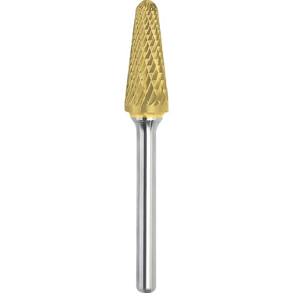 Made in USA - 1/4" Cut Diam, 1/4" Shank Diam, Cone Head Double Cut Burr - Carbide, 5/8" LOC, 2" OAL - Benchmark Tooling