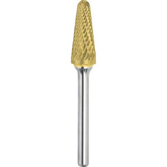 Made in USA - 1/4" Cut Diam, 1/4" Shank Diam, Cone Head Double Cut Burr - Carbide, 5/8" LOC, 2" OAL - Benchmark Tooling