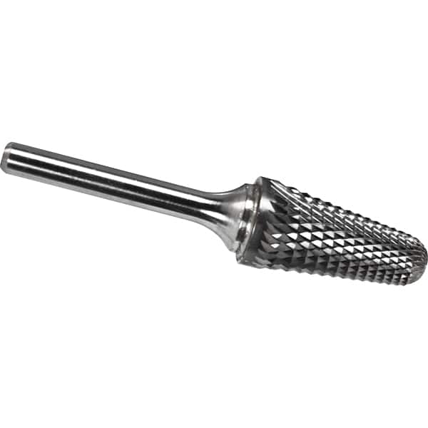 Made in USA - 5/8" Cut Diam, 1/4" Shank Diam, Cone Head Diamond Cut Burr - Carbide, 1-3/16" LOC, 2-15/16" OAL - Benchmark Tooling