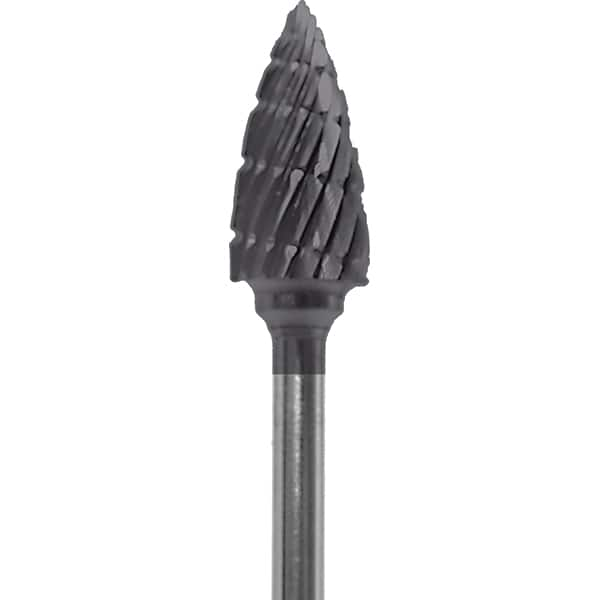 Made in USA - 1/4" Cut Diam, 0.0925" Shank Diam, Tree Head Double Cut Burr - Carbide, 1/2" LOC, 2" OAL - Benchmark Tooling