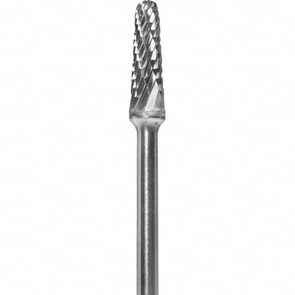 Made in USA - 5/32" Cut Diam, 0.0925" Shank Diam, Cone Head Double Cut Burr - Carbide, 1/2" LOC, 2" OAL - Benchmark Tooling