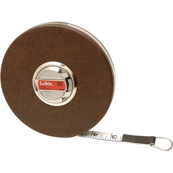 Lufkin - 100' x 5/8" White Fiberglass Blade Tape Measure - 1/8" Graduation, Inch Graduation Style, Black Steel Case - Benchmark Tooling