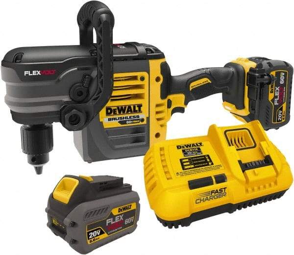 DeWALT - 60 Volt 1/2" Chuck Right Angle Handle Cordless Drill - 0-300 & 0-1200 RPM, Keyed Chuck, 2 Lithium-Ion Batteries Included - Benchmark Tooling