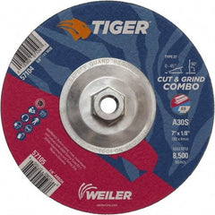 Weiler - 30 Grit, 7" Wheel Diam, 1/8" Wheel Thickness, Type 27 Depressed Center Wheel - Medium Grade, Aluminum Oxide, Resinoid Bond, S Hardness, 8,500 Max RPM - Benchmark Tooling
