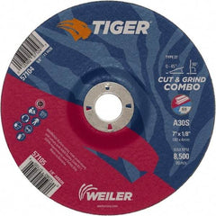 Weiler - 30 Grit, 7" Wheel Diam, 1/8" Wheel Thickness, 7/8" Arbor Hole, Type 27 Depressed Center Wheel - Medium Grade, Aluminum Oxide, Resinoid Bond, S Hardness, 8,500 Max RPM - Benchmark Tooling