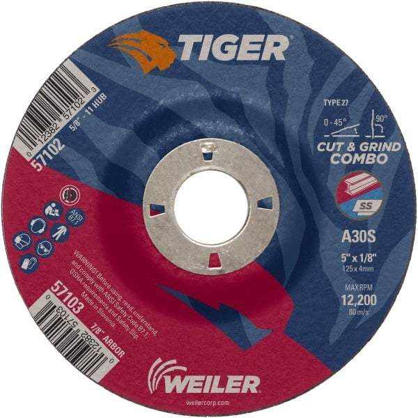 Weiler - 30 Grit, 5" Wheel Diam, 1/8" Wheel Thickness, 7/8" Arbor Hole, Type 27 Depressed Center Wheel - Medium Grade, Aluminum Oxide, Resinoid Bond, S Hardness, 12,200 Max RPM - Benchmark Tooling
