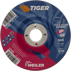 Weiler - 30 Grit, 5" Wheel Diam, 1/8" Wheel Thickness, 7/8" Arbor Hole, Type 27 Depressed Center Wheel - Medium Grade, Aluminum Oxide, Resinoid Bond, S Hardness, 12,200 Max RPM - Benchmark Tooling