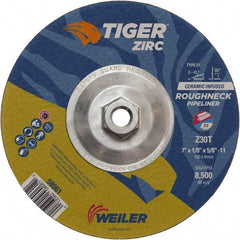 Weiler - 30 Grit, 7" Wheel Diam, 1/8" Wheel Thickness, Type 27 Depressed Center Wheel - Medium Grade, Zirconia Alumina, Resinoid Bond, T Hardness, 8,500 Max RPM - Benchmark Tooling