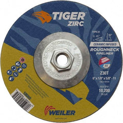 Weiler - 30 Grit, 6" Wheel Diam, 1/8" Wheel Thickness, Type 27 Depressed Center Wheel - Medium Grade, Zirconia Alumina, Resinoid Bond, T Hardness, 10,200 Max RPM - Benchmark Tooling