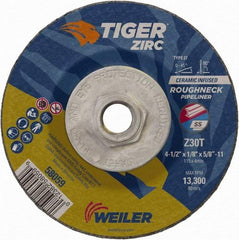 Weiler - 30 Grit, 4-1/2" Wheel Diam, 1/8" Wheel Thickness, Type 27 Depressed Center Wheel - Medium Grade, Zirconia Alumina, Resinoid Bond, T Hardness, 13,300 Max RPM - Benchmark Tooling