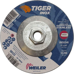 Weiler - 24 Grit, 5" Wheel Diam, 1/4" Wheel Thickness, Type 27 Depressed Center Wheel - Coarse Grade, Aluminum Oxide, Resinoid Bond, R Hardness, 12,200 Max RPM - Benchmark Tooling