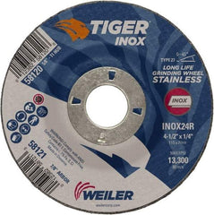 Weiler - 24 Grit, 4-1/2" Wheel Diam, 1/4" Wheel Thickness, 7/8" Arbor Hole, Type 27 Depressed Center Wheel - Coarse Grade, Aluminum Oxide, Resinoid Bond, R Hardness, 13,300 Max RPM - Benchmark Tooling