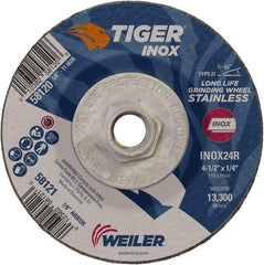 Weiler - 24 Grit, 4-1/2" Wheel Diam, 1/4" Wheel Thickness, Type 27 Depressed Center Wheel - Coarse Grade, Aluminum Oxide, Resinoid Bond, R Hardness, 13,300 Max RPM - Benchmark Tooling