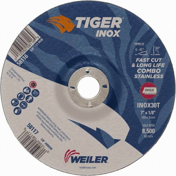 Weiler - 30 Grit, 7" Wheel Diam, 1/8" Wheel Thickness, 7/8" Arbor Hole, Type 27 Depressed Center Wheel - Medium Grade, Aluminum Oxide, Resinoid Bond, T Hardness, 8,500 Max RPM - Benchmark Tooling