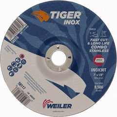 Weiler - 30 Grit, 7" Wheel Diam, 1/8" Wheel Thickness, 7/8" Arbor Hole, Type 27 Depressed Center Wheel - Medium Grade, Aluminum Oxide, Resinoid Bond, T Hardness, 8,500 Max RPM - Benchmark Tooling
