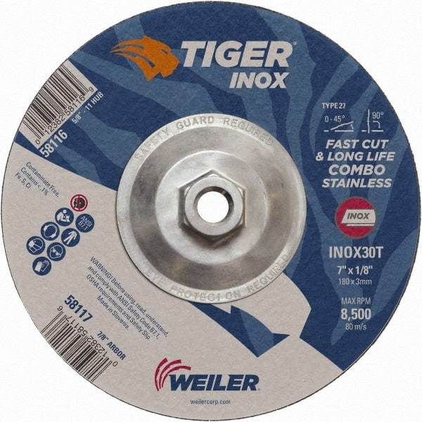 Weiler - 30 Grit, 7" Wheel Diam, 1/8" Wheel Thickness, Type 27 Depressed Center Wheel - Medium Grade, Aluminum Oxide, Resinoid Bond, T Hardness, 8,500 Max RPM - Benchmark Tooling