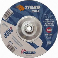 Weiler - 30 Grit, 7" Wheel Diam, 1/8" Wheel Thickness, Type 27 Depressed Center Wheel - Medium Grade, Aluminum Oxide, Resinoid Bond, T Hardness, 8,500 Max RPM - Benchmark Tooling