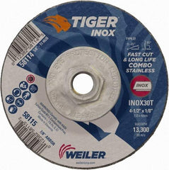 Weiler - 30 Grit, 4-1/2" Wheel Diam, 1/8" Wheel Thickness, Type 27 Depressed Center Wheel - Medium Grade, Aluminum Oxide, Resinoid Bond, T Hardness, 13,300 Max RPM - Benchmark Tooling