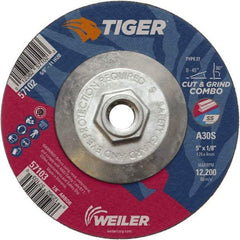 Weiler - 30 Grit, 5" Wheel Diam, 1/8" Wheel Thickness, Type 27 Depressed Center Wheel - Medium Grade, Aluminum Oxide, Resinoid Bond, S Hardness, 12,200 Max RPM - Benchmark Tooling