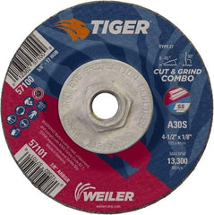 Weiler - 30 Grit, 4-1/2" Wheel Diam, 1/8" Wheel Thickness, Type 27 Depressed Center Wheel - Medium Grade, Aluminum Oxide, Resinoid Bond, S Hardness, 13,300 Max RPM - Benchmark Tooling