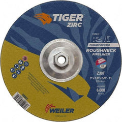 Weiler - 30 Grit, 9" Wheel Diam, 1/8" Wheel Thickness, Type 27 Depressed Center Wheel - Medium Grade, Zirconia Alumina, Resinoid Bond, T Hardness, 6,600 Max RPM - Benchmark Tooling