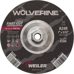 Weiler - 24 Grit, 7" Wheel Diam, 3/32" Wheel Thickness, Type 27 Depressed Center Wheel - Coarse Grade, Aluminum Oxide, Resinoid Bond, R Hardness, 8,500 Max RPM - Benchmark Tooling
