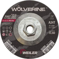Weiler - 24 Grit, 5" Wheel Diam, 3/32" Wheel Thickness, Type 27 Depressed Center Wheel - Coarse Grade, Aluminum Oxide, Resinoid Bond, T Hardness, 12,200 Max RPM - Benchmark Tooling