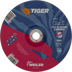 Weiler - 30 Grit, 9" Wheel Diam, 1/8" Wheel Thickness, 7/8" Arbor Hole, Type 27 Depressed Center Wheel - Medium Grade, Aluminum Oxide, Resinoid Bond, S Hardness, 6,600 Max RPM - Benchmark Tooling